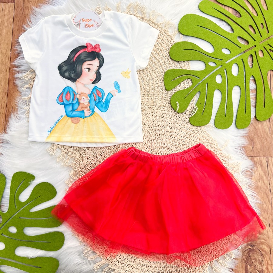  Conj. Blusa Princesa Branca de Neve e Saia em Tule - Vermelho